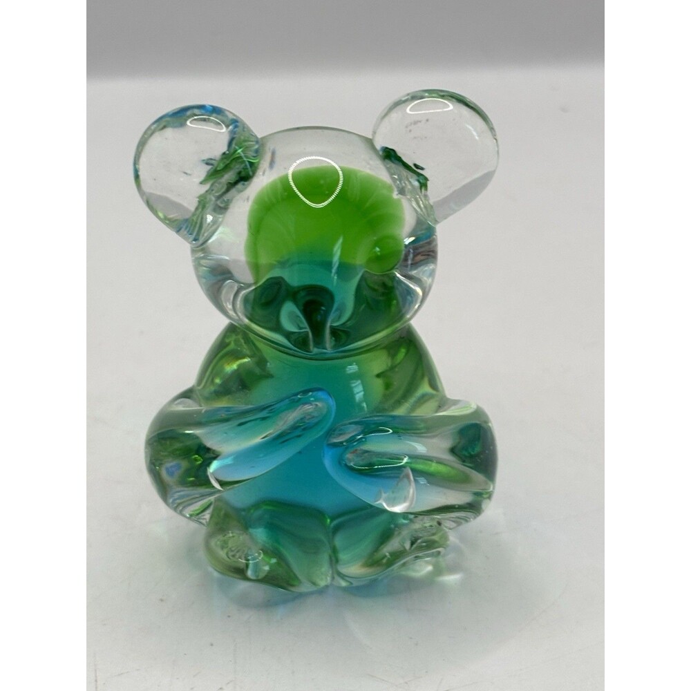 Vintage Art Glass Green/ Blue 3”Teddy Bear Koala Bear Figurine Paperweight